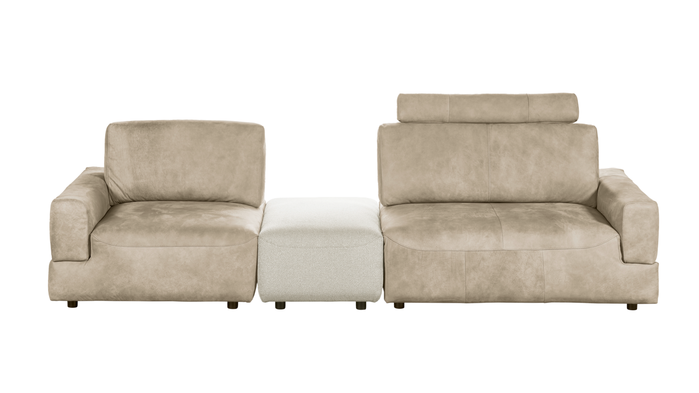 Sofa MR 9420 | Musterring Sofa, bestehend aus: Modul Free (FAL), Sitzbreite ca. 80 cm, mit Rücken, Armlehne links ca. 20 cm, Option Swing (S) manuelle Rückenverstellung, Leder Togo Grege (PG TG), Ziernaht Ton in Ton Modul Pure (P) Sitzbreite ca. 60 cm, ohne Rücken, ohne Armlehne, Stoff Vivique Offwhite (68% Polyacryl 32% Polyester), Ziernaht Ton in Ton Beistelltisch BAR in Metall schwarz, ca. 48 x 30, H 44 cm Modul Free (FAR), Sitzbreite ca. 110 cm, mit Rücken, Armlehne rechts ca. 20 cm, Option Elegant (E) lose Kopfstütze, ca. B 90 cm, Option Relax (R) Rückenverstellung manuell und Fußauflage motorisch, Leder Togo Grege (PG TG), Ziernaht Ton in Ton