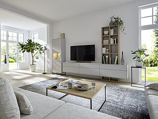 Vorschlag (73965), Lack brilliant grau / Asteiche, ca. B 347, H 216, T 50 cm 