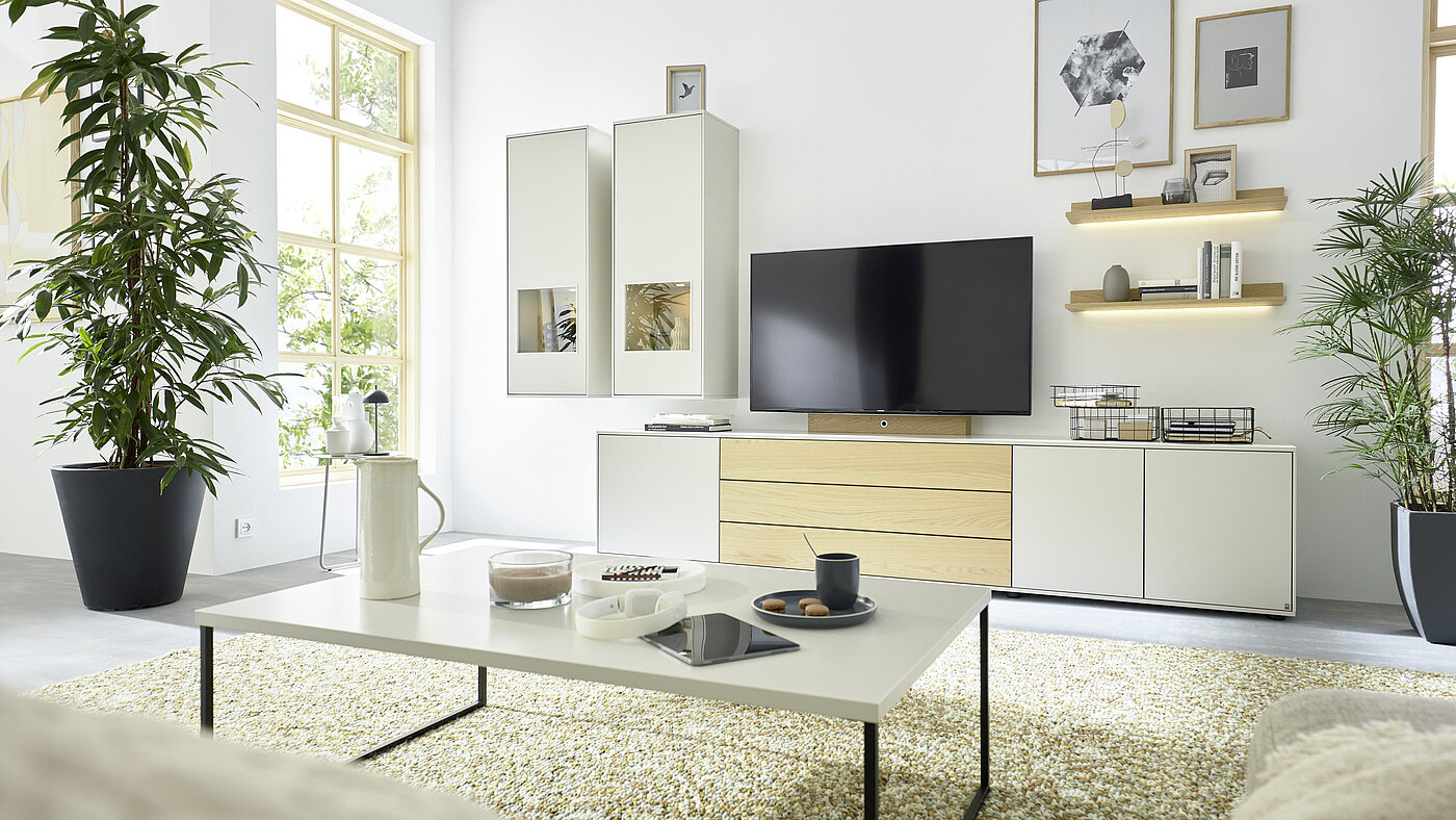 Vorschlag 73966, Lack seidengrau / Eiche sand, ca. B 302, H 200, T 50 cm 