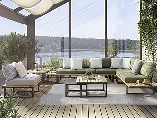 Freilicht: Lounge-Eckgruppe Madeira best. aus: 3-Sitzer Sofa G899-065-000 B 249, 6cm,3 x Sitzkissen G585-000-***, Stoff Capri grün 6152x Rückenkissen G595-000-***, Stoff Limone grün 655,1 x Rückenkissen G595-000-***, Stoff Capri grün 615Eckmodul G868-065-000 82,8 x 82,8 cm, Sitzkissen G585-000-***, Stoff Capri grün 615,Rückenkissen (2-er Set) G575-000-***, Stoff Capri grün 6152-Sitzer Sofa G889-065-000 B 177, 6 cm. 2 x Sitzkissen G585-000-***, Stoff Capri grün 6152 x Rückenkissen G595-000-***, Stoff Limone grün 655Rahmen Robinie-Lamellen, natur, geölt, Gestell: Kufen Aluminium pulverbeschichtet anthrazit, Schenkelmaß: 332,7 x 260,2 cm, T 82,8, H 90,2, SH 47 cm