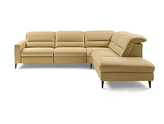 Sofa MR 1380: Ecksofa (Vorschlag 1A), bestehend aus Anreihsofa 3-sitzig (3L), Armlehne B links, Rundecke (RE), Anreihelement 1,5-sitzig (1,5AhoR), Anstellhocker rechts, Leder Vivre honey (PG 120), Alufuß schwarz, W014-M01, ca. 293 x 259, H 83, SH 48, T 107, ST 54 cm. Zubehör: Kopfteilverstellung (KV), H 105 cm, WallAway Funktion (WAH1), T 177 cm, Funktionsablage (FA), Aufklappfunktion (F) für (1,5AhoR), Rücken echt