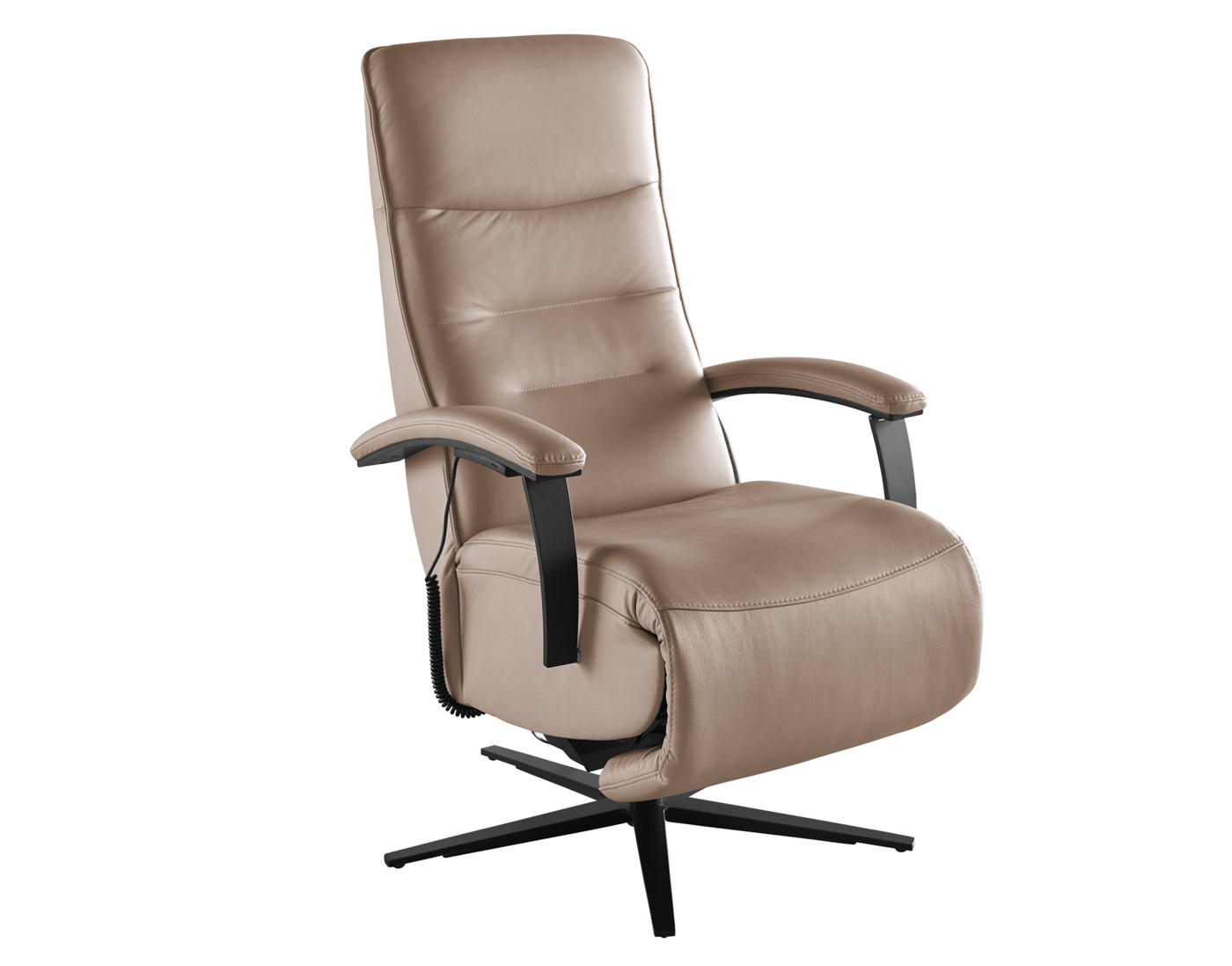 MR Kleo: Sessel, Leder Vivre, Farbe pearl (PG 58), Sitz F2 mittel, Ergonomie large, Metallarmteil schwarz, Metallsternfuß schwarz, ca. B 70, H 112, SH 49, T 87, ST 54 cm. Zubehör: AD4S Metallsternfuß schwarz, Metallarmteil schwarz, G3H – 3 E-Motoren AH + HW, MOK – motor. Kopfpolsterverstellung, Akku