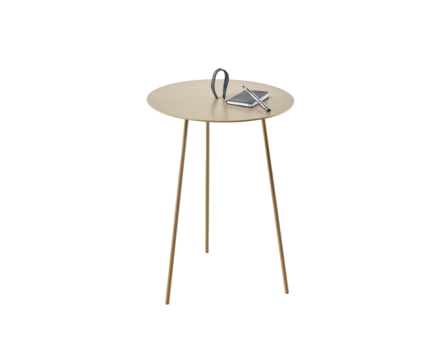 Beistelltisch BT3950-01-O, mit Lederschlaufe braun, Gestell und Platte: pulverbeschichtet in Anodic Gold, ca. Ø 38, H 48 cm,