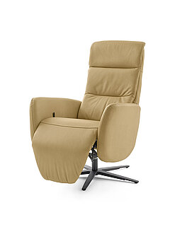 Sessel MR 1381: Relaxsessel (Vorschlag), manuelle Kopfteilverstellung und Verstellung in Relaxposition durch Körperdruck, Armlehne 1, Sternfuß alu schwarz (V15), Leder Vivre honey (PG 120), ca. B 76, H 110, SH 45, T 83, ST 53 cm, Zubehör: Rückenverstellung durch Gasdruckfeder (V), Metallsternfuß (AD4S) schwarz wie Abb..