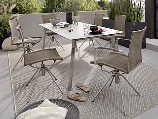 Belgium table, tabletop HPL 007, cement look with faceted edge, stainless steel frame, brushed, approx. 200 x 95, H 76 cm