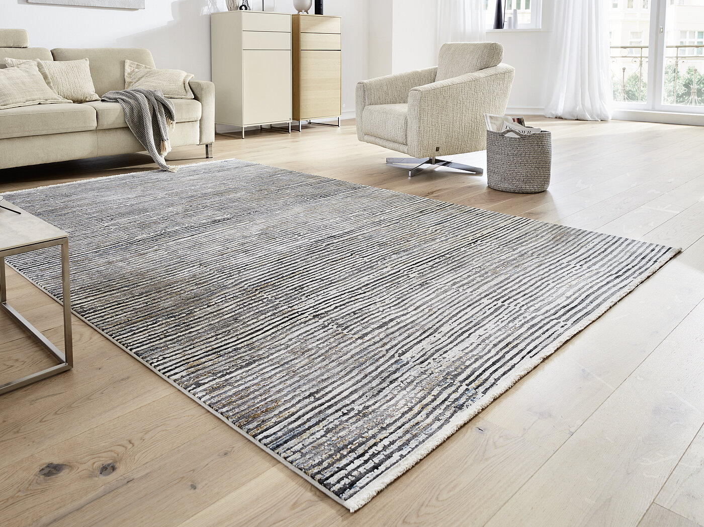 Teppich Colorado, Fb. Stripe 671 beige-schwarz, 70 % Viskose, 30 % Polyacryl