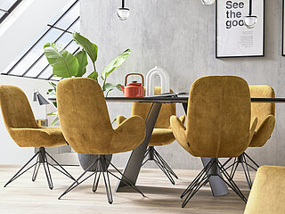 Esstisch (7015), Platte Keramik Rock schwarz gold (PG 1), ovale Form, Metallgestell Wange gerundet, pulverbeschichtet schwarz, ca. L 220, B 100, H 76 cm