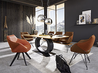 T1812-1K dining table, approx. 220 x 100, H 76 cm, tabletop: Natural wild oak veneer, rectangular with arch at the front, frame: Matte black texture