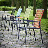 Stuhl G802-100-...(Amsterdam), je ca. B 61, H 94, SH 45, AH 64 T 66, ST 46 cm, Gestell Aluminium pulverbeschichtet anthrazit, Sitz Textilene schwarz, Armlehnauflagen Teak massiv, Rücken ...-100 Kordelbespannung schwarz, ...-102 blau, ...-103 rot, ...-105 grün