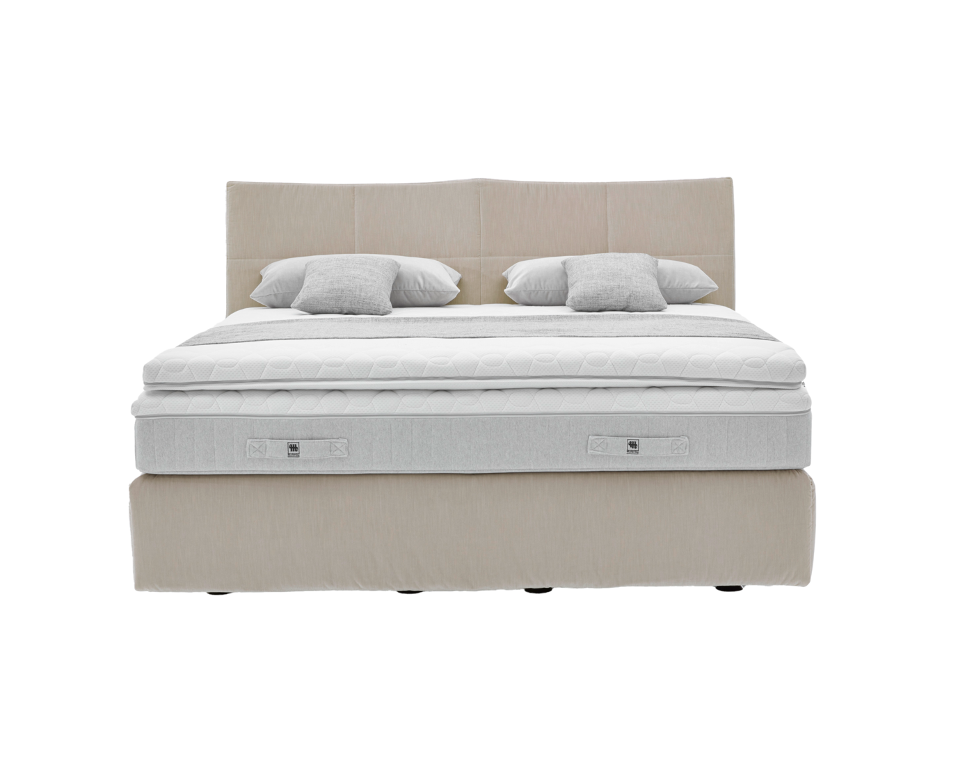 Boxspringbett, Stoff (PG 3/JAB, 8700 creme, 100 % Polyester), Kopfteil 6 (0156068), Rücken Spannstoff, Boxspring-Unterfederung fix mit Tonnentaschenfederkern (0155848), ca. H 30 cm, inklusive Kletthusse, Stützfüße schwarz, schwebende Optik, Fußfreiheit ca. 9 cm, Partnermatratze Orthomatic Classic TT, Stretchbezug, wahlweise in drei Härtegraden: Soft / Medium (118540), Soft / Hart (1182550), Medium / Hart (1182560); ca. B 186, H 115, T 220 cm, Liegefläche ca. 180 x 200 cm, Zubehör: Kissen, Plaid