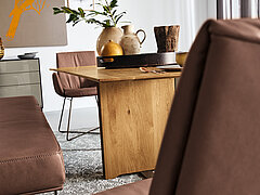 Detail / T 2050: Esstisch 7883-79-080
Charakter Eiche geölt, Metallbügel, pulverbeschichtet in bronze