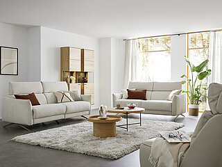 Sofa (CC200), Stoff (PG 0), Sitzkomfort Dynaspring, Sitzhöhe M, ca. 200 x 100, H 100, SH 46, ST 66 cm. Zubehör: 2 x Kufe 03BR brushed, 2 x E=ELEGANT, manuelle Verstellung der Kopfstütze, Rc = Relaxfunktion mit Herz-Waage-Funktion, Z=ZEN, motorische KopfteilverstellungSofa (CC180), Stoff (PG 0, z.B. JAB 05070, 96 % Polyester, 4 % Viskose), Sitzkomfort Dynaspring, Sitzhöhe M, ca. 180 x 100, H 100, SH 46, ST 66 cm. Zubehör: 2 x Kufe 03BR brushed, 2 x E=ELEGANT, manuelle Verstellung der Kopfstütze