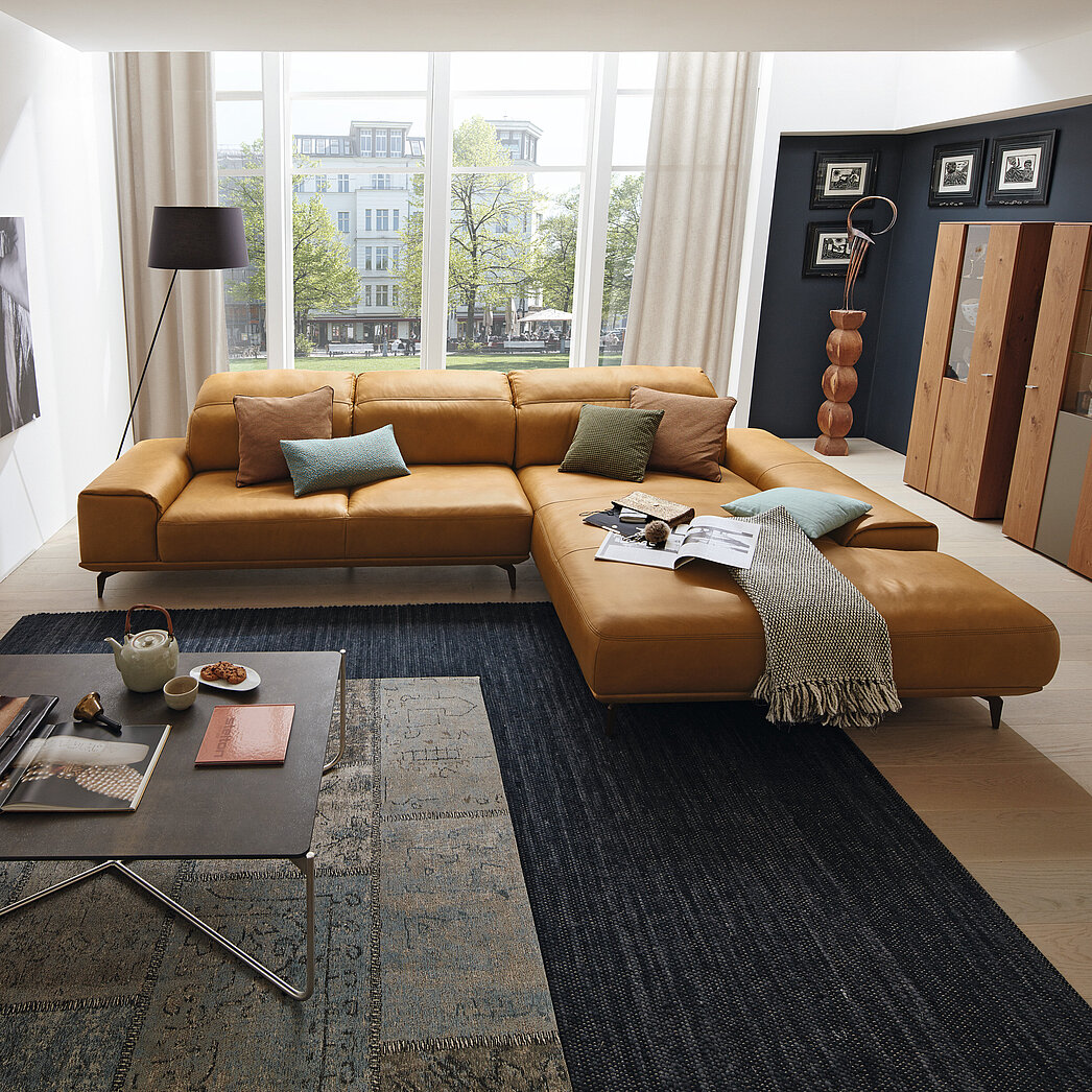 Ecksofa (Vorschlag 1) bestehend aus Anreihsofa 2-sitzig, Armlehne links (N80L) und Longchair, Armlehne rechts (K105R), Leder Z 69/52 Kurkuma (LK 50) mit Kontrastfaden, Metallfuß (F C3), bronze (M56), ca. 342 x 207, H 87, SH 46 cm
Zubehör: motorischer Sitzauszug (A02), Kopfteilverstellung (KV2 + KV1), Kissen siehe MR 2999
