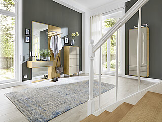 Kara-Frame-Dielen: Vorschlag 73893ca. B 137, H 217, T 40 cmAsteiche/ Lack grau Hochglanz