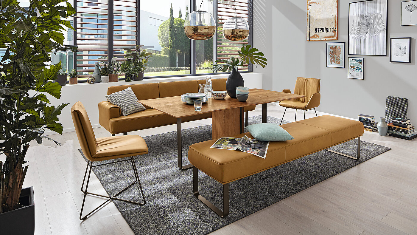 T 2050 Esstisch (7883-79-080), Charakter-Eiche geölt, Gestell mit Metallbügeln in M56 bronze, ca. 200x100, H 75 cm
