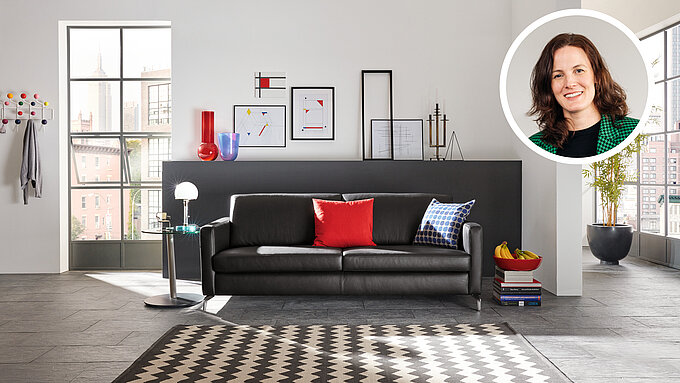 Sofa N90, Seitenteil SA ca. B 204, H 82, SH 44, T 91 cm in Echtleder Z 73/99 schwarz (LK 50), Fuß FC3, H 12 cm