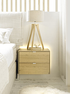 Felina nightstand with 2 drawers (8001-930-00-32) approx. W 51.6, H 37.5, D 37.0 cm, beam oak (PG 4) with tubular steel bracket and LED lighting
