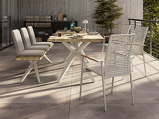 Gartenmoebel Freilicht Tisch Dänemark (G799-101-061), Gestell Edelstahl pulverbeschichtet ivory, Platte Teak massiv gebürstet mit Baumkante 40 mm, ca. L 220, B 95, H 76 cm