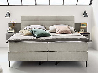 Eforma, Boxspringbett, Stoff 5215 creme (PG1, 100 % Polyester), Kopfteil 3 mit Ziegelsteppung, Höhe 115 cm, BodyID-Unterfederung mit Tonnentaschenfederkern 20 cm hoch, Orthomatic 2.0 Classic TT Matratze soft / medium, Stoff 5215, ca. 90 x 200 cm, Liegefläche ca. 180 x 200 cm