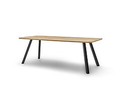 Esstisch Nica (NAEIB3), Massivholzplatte Asteiche geölt, Bootsform (3), Randausführung (5), Gestell (B), Metall pulverbeschichtet anthrazit (BP 100), ca. L 220, B 100, T 77 cm