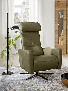 Sessel MR 261: Relaxsessel medium mit manueller Verstellung, ca. B 74, H 88-117, T 82, SH 45, ST 48-54 cm, höhenverstellbare Gasdruckfeder (AGV), in Echtleder Vivre moos (PG 58), Ton in Ton,  Metallfußsternfuß pulverbeschichtet (AD4S) schwarz