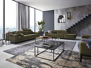 Sofa consisting of: 2 x 1.5-seater modular sofa (4953 left, 4955 right, SR102) maxi, armrest on left and right, with fully motorised reclining function approx. W 254, H 74-102, SH 43, SD 55-104, D 110-174 cm in Cesano genuine leather, colour green (PG M), runner and metal base in matte black
