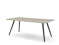 Esstisch Nica (NAEIH2), Massivholzplatte Asteiche geölt, rechteckig mit abgerundeten Ecken (2), Randausführung (6), Gestell (H), Metall pulverbeschichtet anthrazit (BP100), ca. L 200, B 100, H 77 cm. Zubehör: Platte Lack pale grey