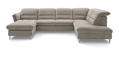Sofa MR 1390: Ecksofa (Vorschlag 2A) bestehend aus Canapé (CANL), Armlehne A links, Anreihelement 2,5-sitzig (2,5EL), Kombielement X 1-sitzig, Anstellhocker rechts (1XKOR), Stoff BeReal stone (PG D, NS: 100 % Polyester, GS: 85 % Polyester, 15 % Lederfasern), Aluminiumfuß poliert (W014-M25), ca. 179 x 323 x 219, H 83, SH 46, T 107, ST 54 cm. Zubehör: Kopfteilverstellung (KV), H 105 cm, verstellbare Armlehne (LALL), Canapé mit motorischer Verstellbarkeit bis zur abgeschrägten Liegeposition (CanMoLiL), T 179 – 211 cm, Anreihelement mit Querschläfer-Funktion (2,5AEL), Liegefläche 248 x 125 cm, Funktionsablage (FA), Rücken echt