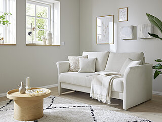 Schlafsofa (140) mit Frontauszug, Stoff (PG 0, z.B. JAB 07070, 96 % Polyester, 4 % Viskose) inkl. 2 Rückenkissen, Kaltschaummatratze und Nosag-Unterfederung, Armlehne A3, Metallfuß chrom, ca. 140 x 200, H 90, SH 45, T 103, ST 59 cm