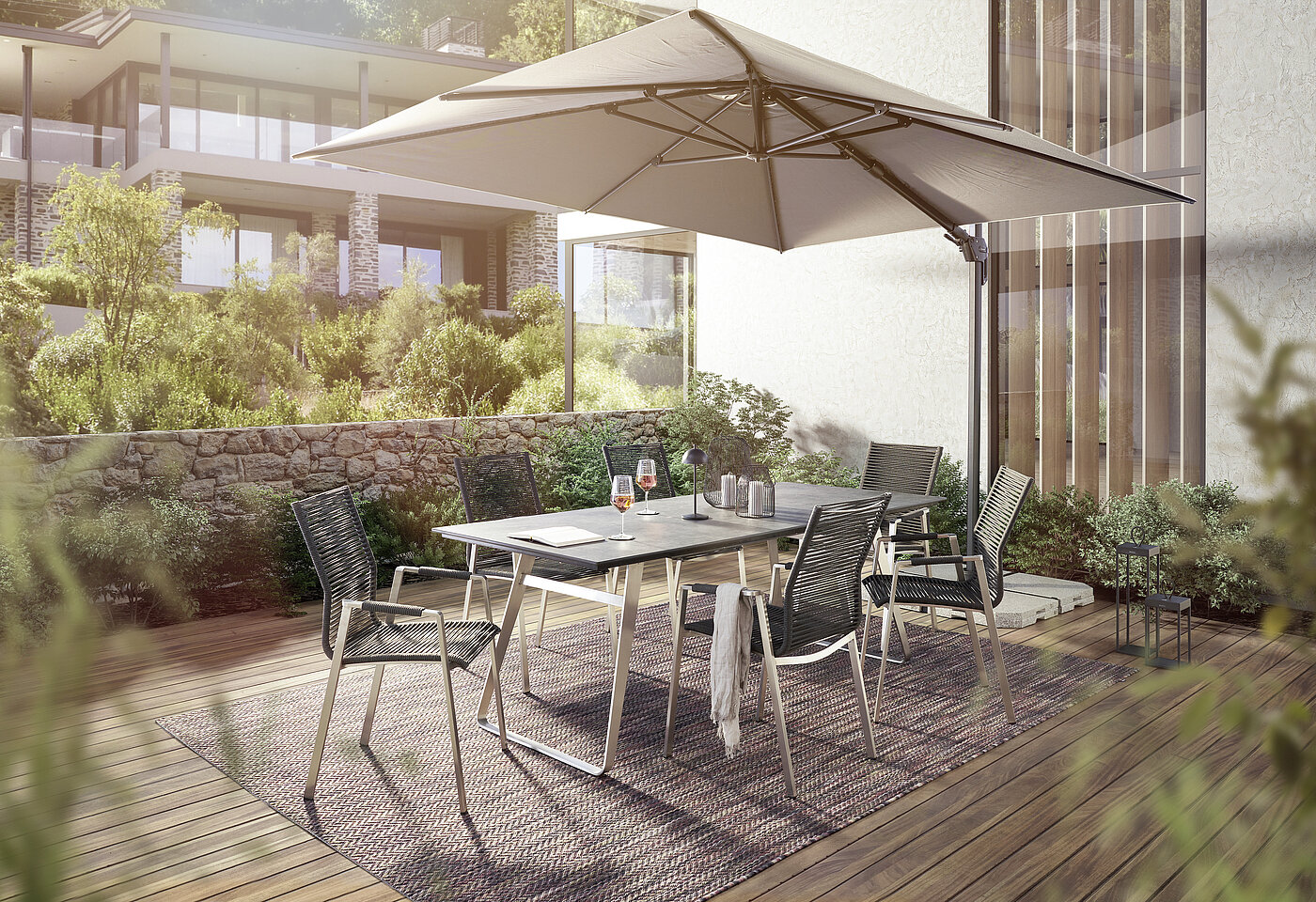 Gartenstuhl FREILICHT PORTO und Gartentisch FREILICHT PORTUGAL | Musterring Tisch Portugal G923-010-061, Platte: HPL 010 Graphit 13 mm, Gestell: Edelstahl gebürstet, 220 x 95, H 76 cm