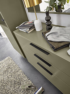 Kara-Frame-Dielen: Detail DieleVorschlag 73932, ca. B 272, H 179, T 40 cm, Griffe: Schwarz Matt, Lack Olivgrau