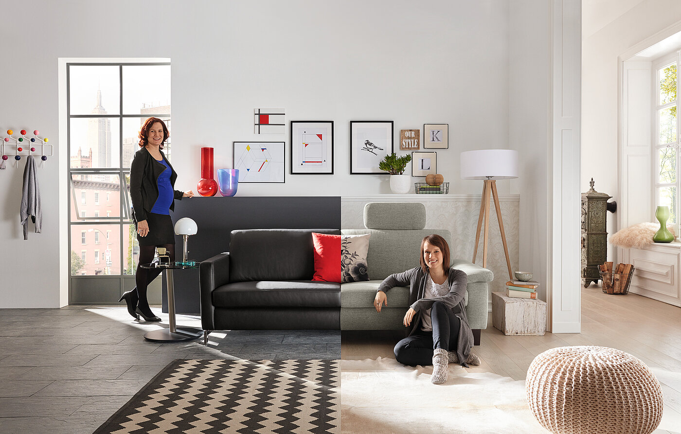 Sofa N90, Seitenteil SA, ca. B 204 cm, Sofa N90, Seitenteil SE ca. B 220 cm
H 82, SH 44, T 91 cm
in Echtleder Z 73/99 schwarz (LK 50), Fuß FC3, H 12 cm, Stoff Stoff R 66/49 stone (SK 10), Fuß F50, Fb. wenge, H 12 cm