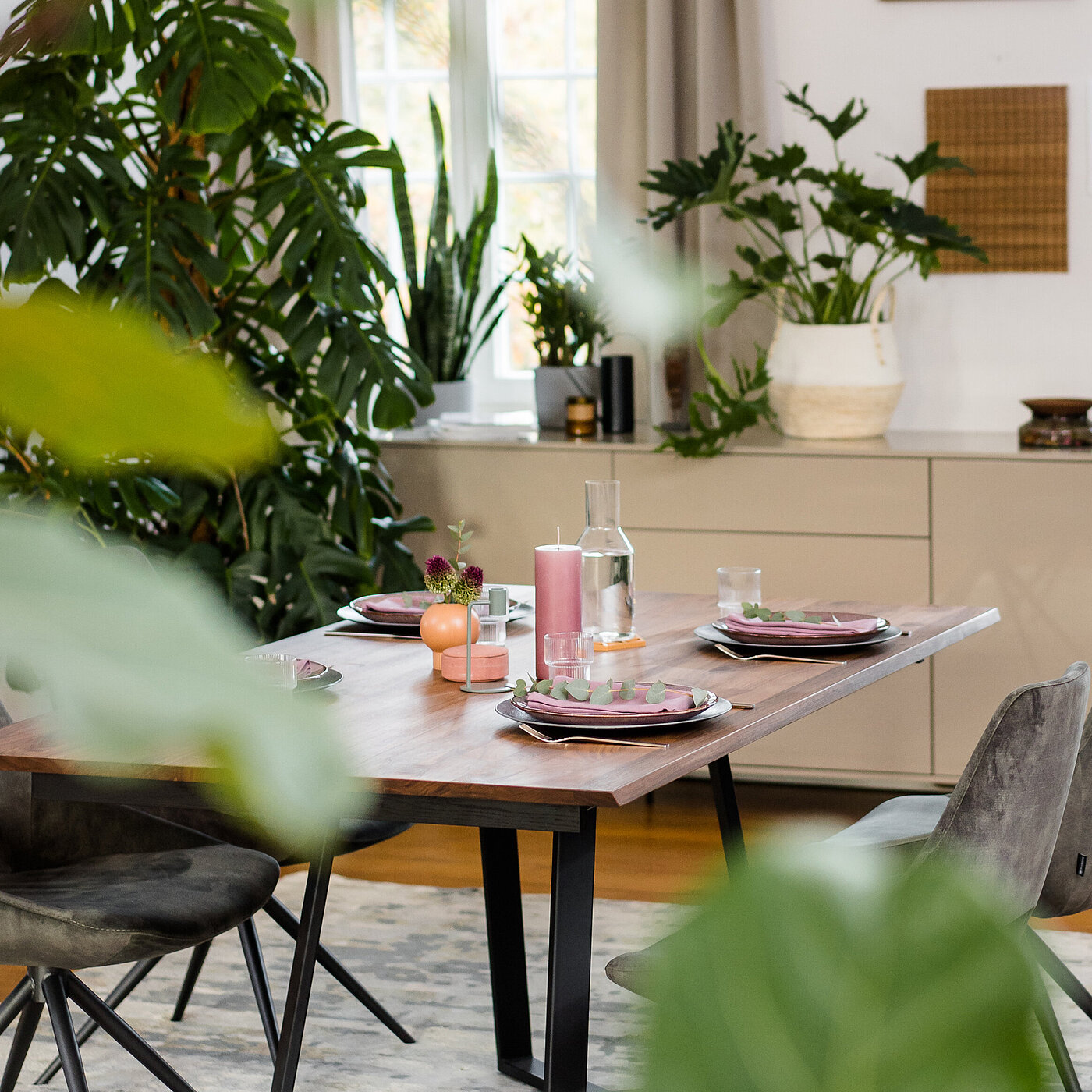 Pinero Esstisch 556 mit abgeschrägter Tischkante, ca. 180(280)x100, H 76 cm, Platte in Nussbaum N01 geölt, Gestell: Metall pulverbeschichtet in A 01 schwarz