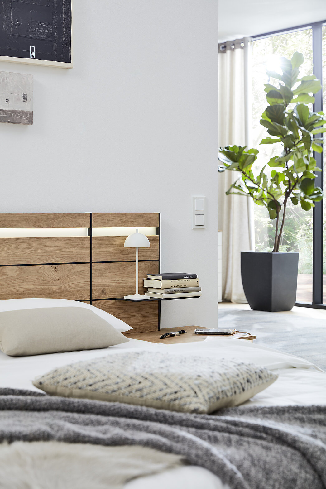 Detail Kopfteil Doppelbett mit Lisenen in anthrazit und LED-Beleuchtung mit Aufsatzpaneel mit Glasboden in Balkeneiche furniert