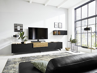 Wall units 804-16-77-80-30-0 with feet, approx. W 342, H 68, D 60 cm, solid oak, brushed / black matte glass