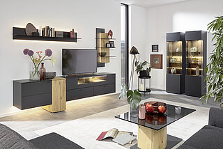 Wohnwand MR11, Lack anthrazit / Balkeneiche Natur, ca. B 289, H 204, T 53 cm