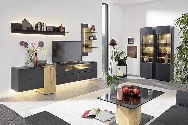 Wohnwand MR11, Lack anthrazit / Balkeneiche Natur, ca. B 289, H 204, T 53 cm