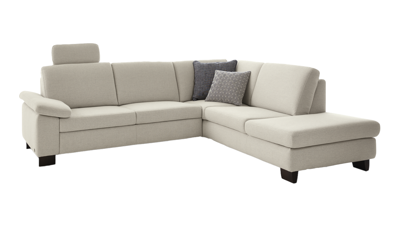 Eckgruppe best aus: Anreihsofa 2-sitzig (N70L), mit Bettfunktion A06, Armlehne links, Ecksofa mit festem Hocker (EG70R) ca. 253x228, H 80, SH 42, T 91, ST 52 cm Seitenteil SY verstellbar, Holzfuß F50, P54 wengefarbig, Stoff W60/43 elfenbein (SK 50), 63 % Polyester, 37 % Polyacryl