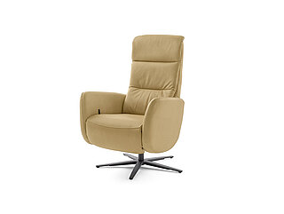 Sessel MR 1381: Relaxsessel (Vorschlag), manuelle Kopfteilverstellung und Verstellung in Relaxposition durch Körperdruck, Armlehne 1, Sternfuß alu schwarz (V15), Leder Vivre honey (PG 120), ca. B 76, H 110, SH 45, T 83, ST 53 cm, Zubehör: Rückenverstellung durch Gasdruckfeder (V), Metallsternfuß (AD4S) schwarz wie Abb..