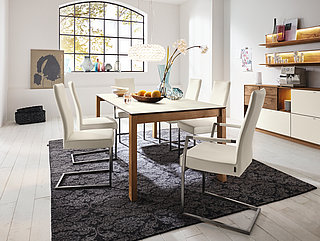 6514 dining table approx. 200 (280) x 100, H 76 cm table top: White satin glass, solid oak legs, oiled