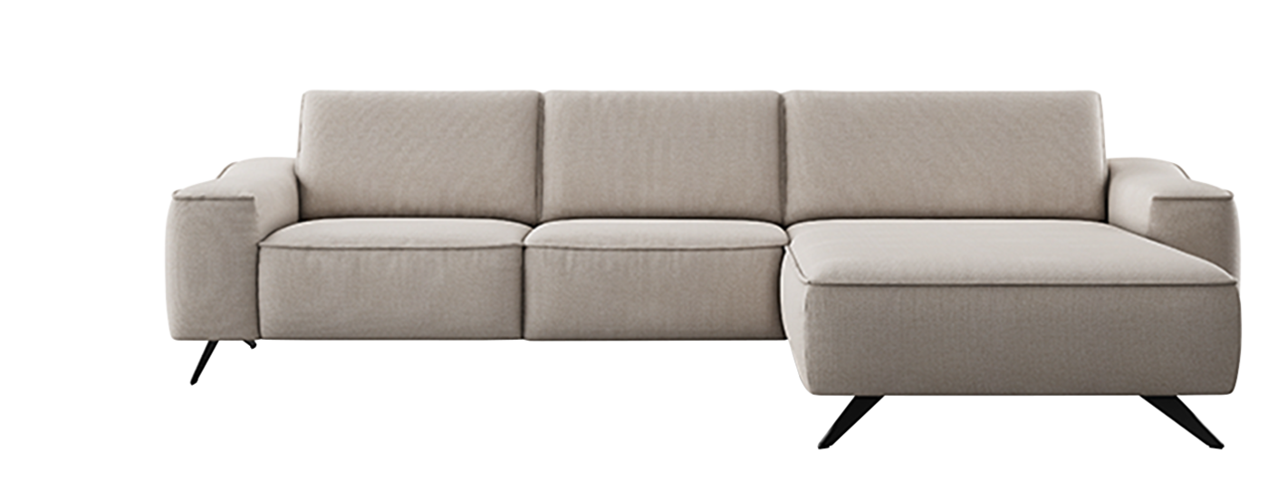 Ecksofa MR 9450 (270BB300), Stoff Noblesse Grège (PG 5) Ziernaht Ton in Ton, Schenkelmaß ca. 270 x 300, H 86/110, SH 46, ST 58, T 114 cm, Zubehör: E=ELEGANT: manuell verstellbare Kopfstütze