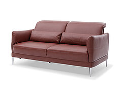 Three-seater sofa with adjustable headrest cushion (3KV), approx. W 200 H 88 – 109, SH 44, SD 51 – 66, D 117 cm, motorised legrest, with adjustable armrests, large lumbar cushions approx. 70 x 25 cm, Rodeo leather, colour barolo (PG 160) tone-on-tone felled seams, metal foot in polished aluminium