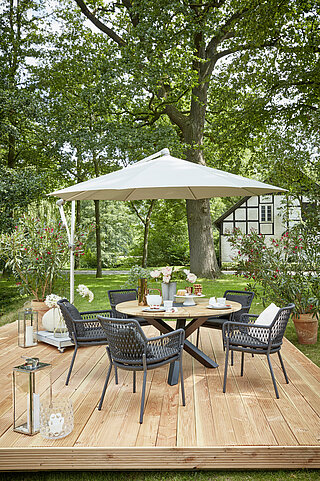 Tisch G343-162-140 (England), ca. Ø 140, H 76 cm, Tischplatte Teak massiv gebürstet, Gestell: Aluminium pulverbeschichtet anthrazit