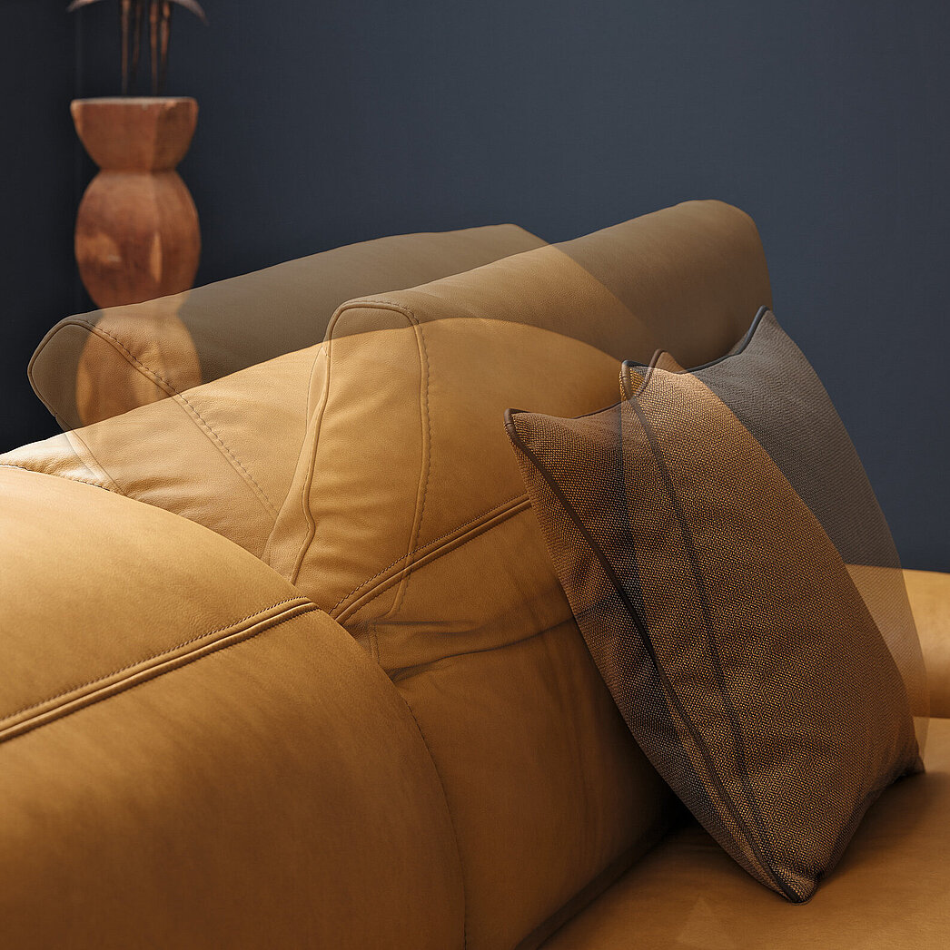 Kopfteilverstellung
in Leder Z 69/52, Fb. Kurkuma (LK 50) mit Kontrastfaden