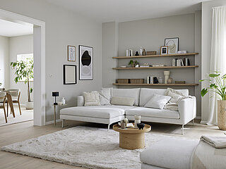 Ecksofa (Vorschlag 2B, 90192) bestehend aus Longchair groß, Armlehne links, Sofa 1,5-sitzig, Armlehne rechts, Stoff (PG 2/6, z.B. Famous snow, 100 % Polyester) Sitzausführung PUR, ca, 175 x 267, H 69/87, SH 44, ST 75/96 cm. Zubehör: Metallfuß farbig 1192 seidengrau, Rückenvariante 2, bündig, 1 x Flatterkissen medium (77130), 1 x Nierenkissen klein (75620) in Stoff Vita beige (PG 4/10), 1 x Flatterkissen medium (77130), 1 x Spitzkissen medium (75030) in Stoff Famous snow (PG 2/6)  