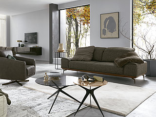 Sofa, 3-seater (N90), approx. W 253, H 87, SH 46, D 103, real wood plinth (SOE1), walnut, 25021 fabric, 55% modacrylic, 26% polyester, 10% polyamide, 9% cotton (JAB 2), grey/brown, inner spring seating comfort, metal foot F C3, metal colour M56 bronze, cushions (U69), approx. W 70, H 8, D 70 cm, 21020 fabric (JAB 2), dark brown, cushions (U69), approx. W 70, H 8, D 70 cm, 24021 fabric (JAB 2) brown 
