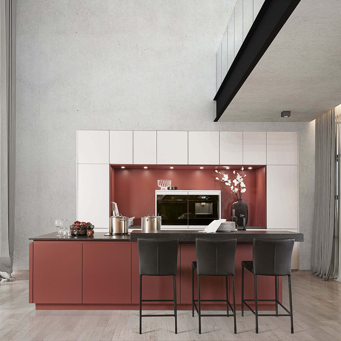 Musterring Metro Style – L-Küche mit Theke Graphit – Terrakotta/Rostrot mit Weiß und Grau