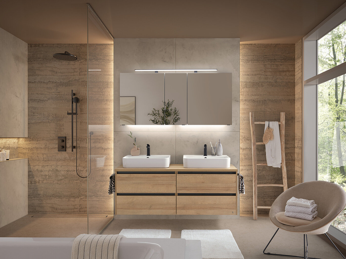 VZ-Vorschlag 4, Korpus und Front Riviera-Eiche-Nachbildung, Querstruktur, Akzentfarbe Schwarz-Matt-Touch, Gesamtmaß ca. B 152, H 200, T 50 cm, bestehend aus 2 x Keramik-Aufsatzbecken (BAETU1007920001) Weiß Glanz, je ca. B 60, H 13, T 42 cm, Waschtischpl MR – Revento Line | 6428505 | 241201 – Eiche – Bad – VZ-Vorschlag 4, Korpus und Front Riviera-Eiche-Nachbildung, Querstruktur, Akzentfarbe Schwarz-Matt-Touch, Gesamtmaß ca. B 152, H 200, T 50 cm, bestehend aus 2 x Keramik-Aufsatzbecken (BAETU1007920001) Weiß Glanz, je ca. B 60, H 13, T 42 cm, Waschtischplatte (PMD281549H) inkl. 2 Ausschnitten, ca. B 152, H 3, T 50 cm, Waschtischunterschrank (W99015F15) mit 4 Auszügen inkl. Kosmetikeinsätzen, ca. B 151, H 54, T 49 cm, Spiegelschrank (SDAES3015) 3-türig, einfach verspiegelt, ca. B 150, H 70, T 17 cm