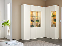 Wohnwand und Wohnzimmermöbel des Modells Kanto in Farbe Beige und Eiche
lack wollweiß, Eiche furniert